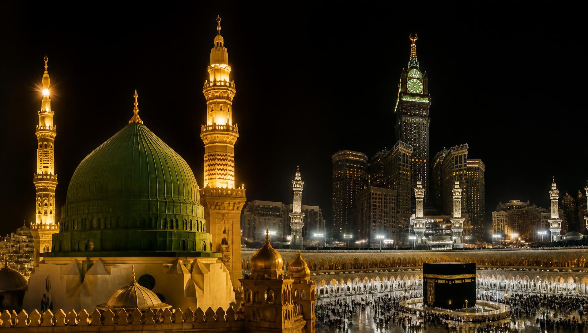 Masjid Nabawi Madinah dan Masjidil Haram Makkah pada malam hari